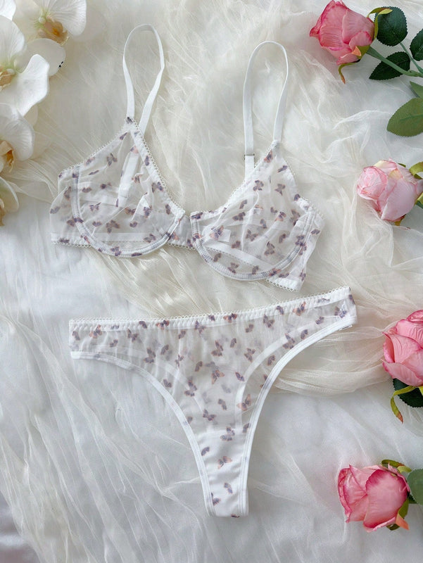Conjunto de lenceria sexy para mujeres con estampado de mariposas en malla transparente con copa delgada y soporte de aros