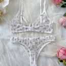 Conjunto de lenceria sexy para mujeres con estampado de mariposas en malla transparente con copa delgada y soporte de aros