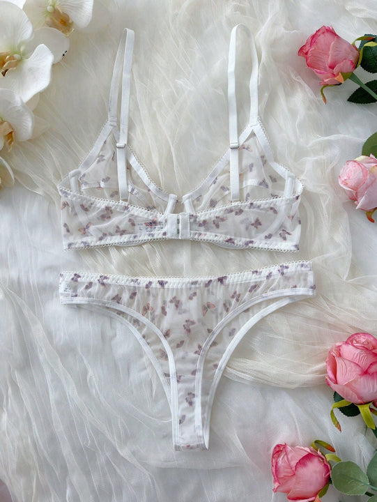 Conjunto de lenceria sexy para mujeres con estampado de mariposas en malla transparente con copa delgada y soporte de aros