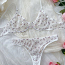 Conjunto de lenceria sexy para mujeres con estampado de mariposas en malla transparente con copa delgada y soporte de aros