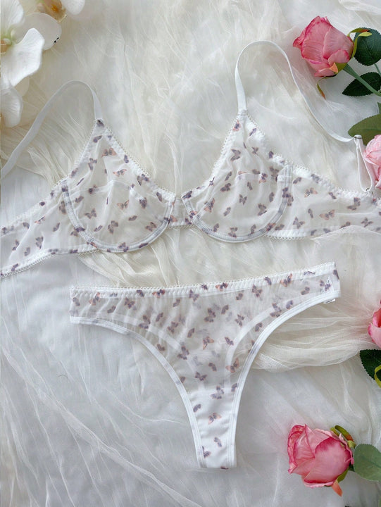 Conjunto de lenceria sexy para mujeres con estampado de mariposas en malla transparente con copa delgada y soporte de aros