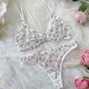 Conjunto de lenceria sexy para mujeres con estampado de mariposas en malla transparente con copa delgada y soporte de aros