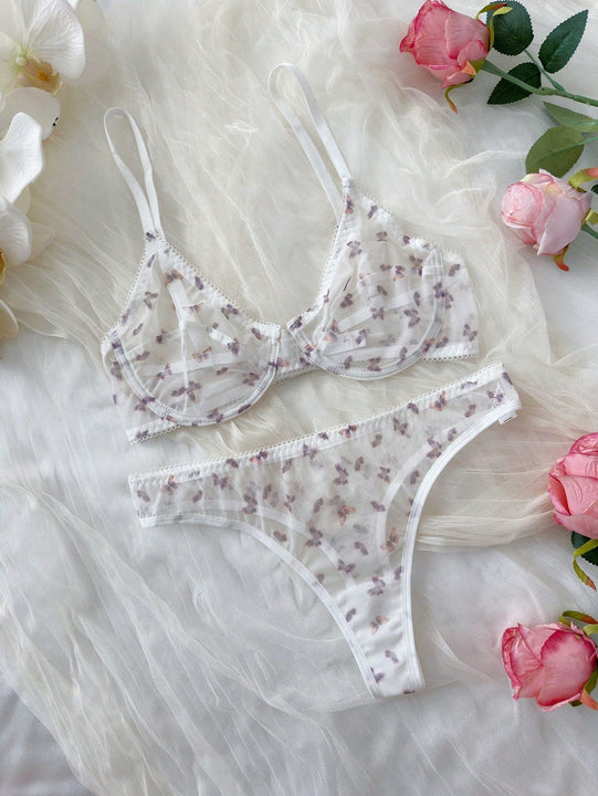 Conjunto de lenceria sexy para mujeres con estampado de mariposas en malla transparente con copa delgada y soporte de aros