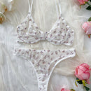 Conjunto de lenceria sexy para mujeres con estampado de mariposas en malla transparente con copa delgada y soporte de aros