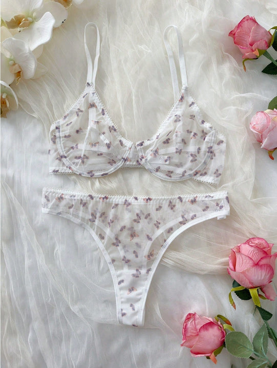 Conjunto de lenceria sexy para mujeres con estampado de mariposas en malla transparente con copa delgada y soporte de aros