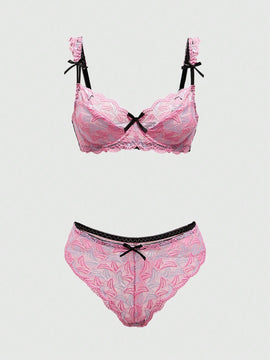 ROMWE Conjunto de lenceria femenina con detalles de encaje en forma de lazo y decoracion de aros