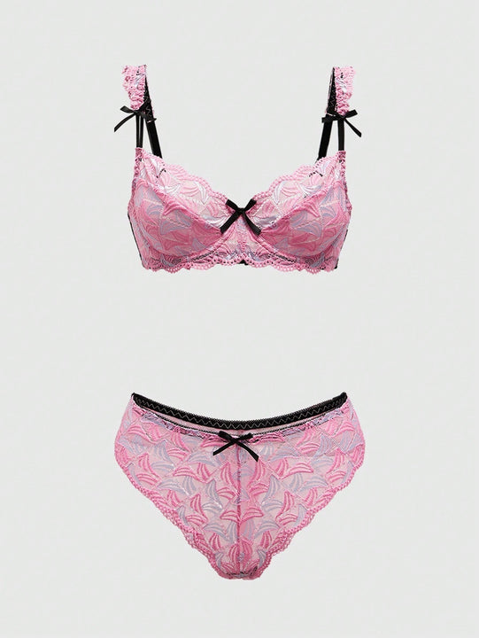 ROMWE Conjunto de lenceria femenina con detalles de encaje en forma de lazo y decoracion de aros