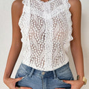 Essnce Camisa de verano para mujer con encaje hueco en las mangas, sin mangas, simple y elegante