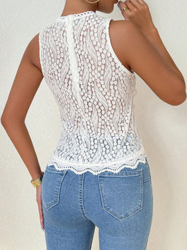 Essnce Camisa de verano para mujer con encaje hueco en las mangas, sin mangas, simple y elegante