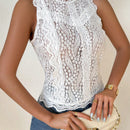 Essnce Camisa de verano para mujer con encaje hueco en las mangas, sin mangas, simple y elegante