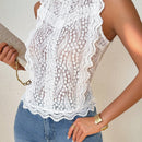 Essnce Camisa de verano para mujer con encaje hueco en las mangas, sin mangas, simple y elegante