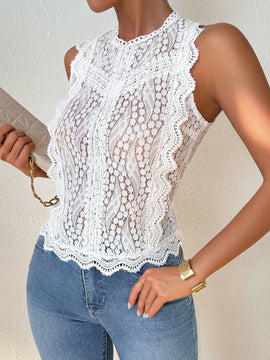 Essnce Camisa de verano para mujer con encaje hueco en las mangas, sin mangas, simple y elegante