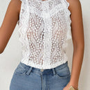 Essnce Camisa de verano para mujer con encaje hueco en las mangas, sin mangas, simple y elegante