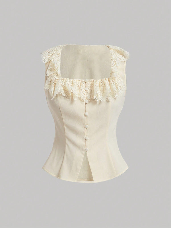MOD Camisa sin mangas de verano para mujer con encaje de empalme, tapeta delantera con botones y abertura lateral