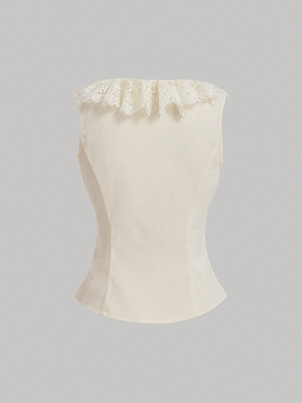 MOD Camisa sin mangas de verano para mujer con encaje de empalme, tapeta delantera con botones y abertura lateral