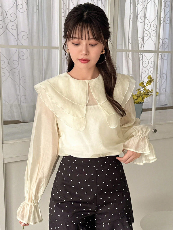 FRIFUL Mujeres Primavera/Verano Camisa elegante de unicolor suelta con mangas abullonadas y solapa ancha