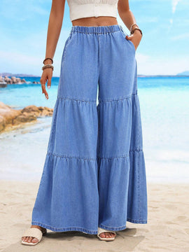 VCAY Pantalones Jeans de unicolor con dobladillo con volantes y bolsillos