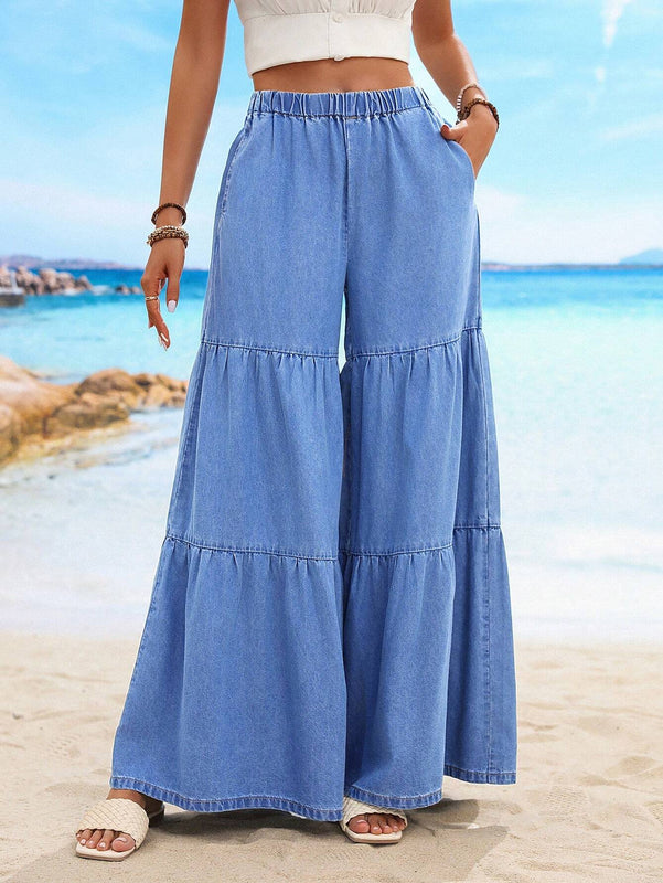 VCAY Pantalones Jeans de unicolor con dobladillo con volantes y bolsillos