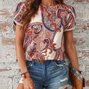 LUNE Blusa de verano para mujer con estampado de cachemira y mangas con forma de petalo