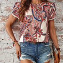 LUNE Blusa de verano para mujer con estampado de cachemira y mangas con forma de petalo