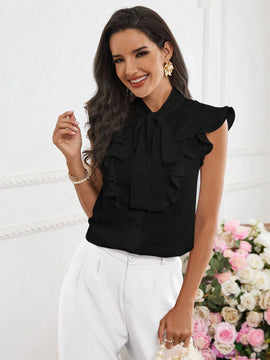 Prive Camisa de manga de volantes para mujer con botones para el trabajo y la fiesta