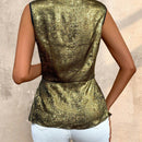 Clasi Blusa elegante sin mangas de verano para mujer con textura de metal, cuello en V solapado y colectado en la cintura