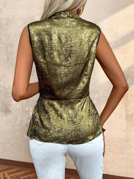 Clasi Blusa elegante sin mangas de verano para mujer con textura de metal, cuello en V solapado y colectado en la cintura