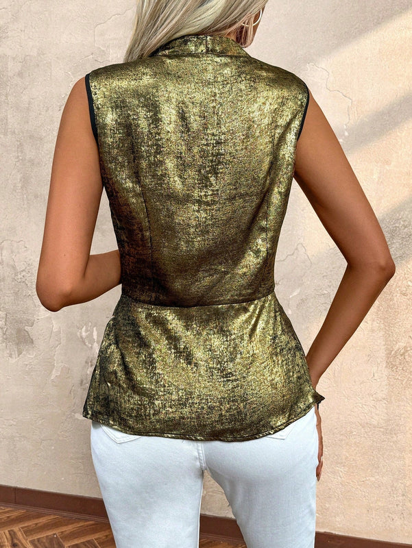 Clasi Blusa elegante sin mangas de verano para mujer con textura de metal, cuello en V solapado y colectado en la cintura