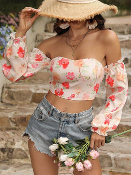 VCAY Blusa sin tirantes con estampado floral para mujeres