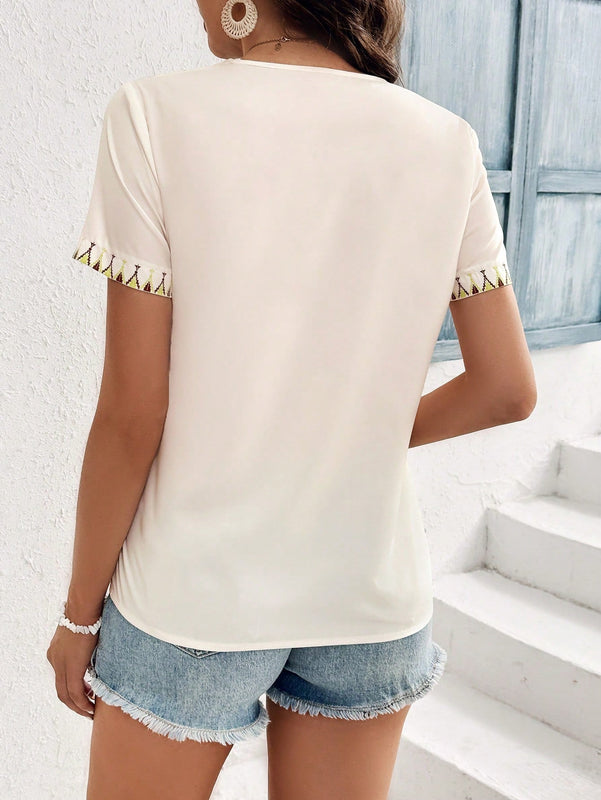 VCAY Camisa elegante y suelta de manga corta y cuello en V con estampado de planta para mujeres en verano