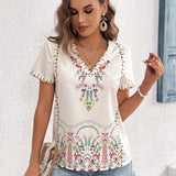 VCAY Camisa elegante y suelta de manga corta y cuello en V con estampado de planta para mujeres en verano