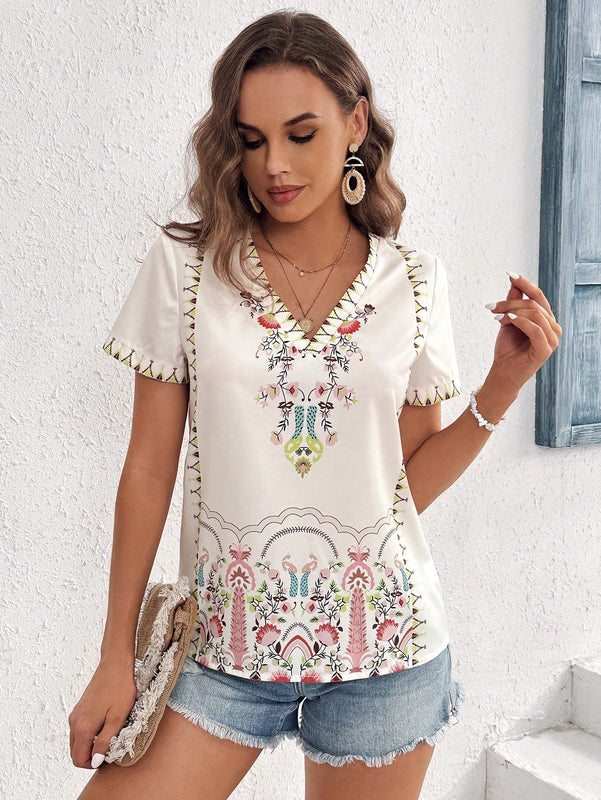 VCAY Camisa elegante y suelta de manga corta y cuello en V con estampado de planta para mujeres en verano