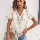 VCAY Camisa elegante y suelta de manga corta y cuello en V con estampado de planta para mujeres en verano