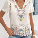 VCAY Camisa elegante y suelta de manga corta y cuello en V con estampado de planta para mujeres en verano