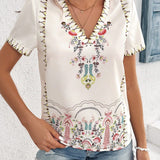 VCAY Camisa elegante y suelta de manga corta y cuello en V con estampado de planta para mujeres en verano