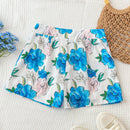 WYWH Pantalones cortos de linea A con cintura elastica en azul y blanco, impresos con flores en estilo romantico de campo veraniego para mujer con bolsillos laterales
