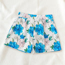 WYWH Pantalones cortos de linea A con cintura elastica en azul y blanco, impresos con flores en estilo romantico de campo veraniego para mujer con bolsillos laterales