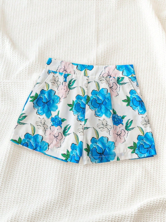 WYWH Pantalones cortos de linea A con cintura elastica en azul y blanco, impresos con flores en estilo romantico de campo veraniego para mujer con bolsillos laterales