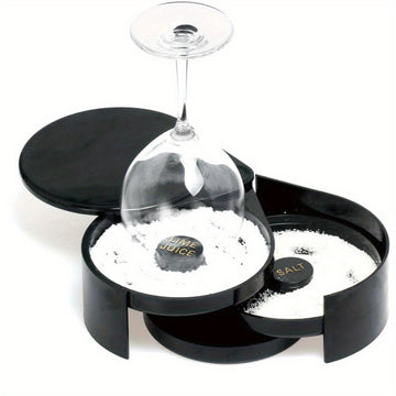 Caja de condimentos para cócteles de 3 niveles en plástico negro - Margarita, sal, azúcar y jugo, con tazas medidoras y tapas para bar en casa