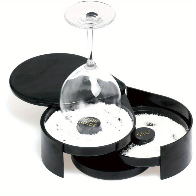 Caja de condimentos para cócteles de 3 niveles en plástico negro - Margarita, sal, azúcar y jugo, con tazas medidoras y tapas para bar en casa