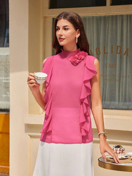Prive Camisa romantica sin mangas de flores en 3D para mujer con ribete de volantes en el cuello y dobladillo, para el verano