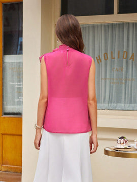 Prive Camisa romantica sin mangas de flores en 3D para mujer con ribete de volantes en el cuello y dobladillo, para el verano
