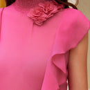 Prive Camisa romantica sin mangas de flores en 3D para mujer con ribete de volantes en el cuello y dobladillo, para el verano