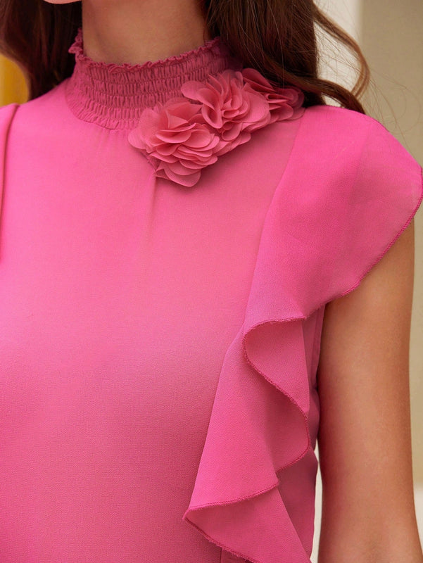 Prive Camisa romantica sin mangas de flores en 3D para mujer con ribete de volantes en el cuello y dobladillo, para el verano