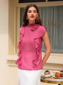 Prive Camisa romantica sin mangas de flores en 3D para mujer con ribete de volantes en el cuello y dobladillo, para el verano