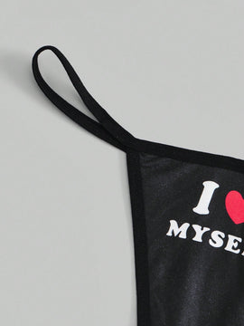 ROMWE Grunge Punk Conjunto de lenceria sexy de tanga abierta de tres piezas con patron oscuro de corazon / letra / calavera estilo punk