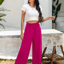 Essnce pantalones casuales sueltos de pierna ancha con bolsillos y cintura fruncida de unicolor para mujeres