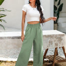 Essnce pantalones casuales sueltos de pierna ancha con bolsillos y cintura fruncida de unicolor para mujeres