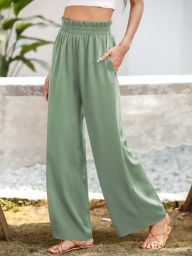 Essnce pantalones casuales sueltos de pierna ancha con bolsillos y cintura fruncida de unicolor para mujeres
