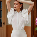 Frenchy Camisa a la moda con mangas cortas y diseno estructurado de mangas con frontal abierto, adecuada para el verano y la profesion docente